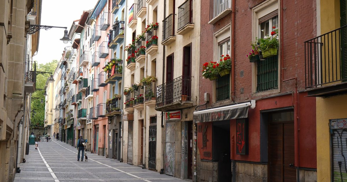 A street of colourful houses in Pamplona, Spain