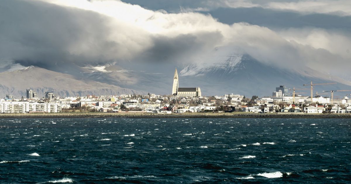 The Reykjavík skyline, Hallgrímskirkja church and the ocean, Iceland