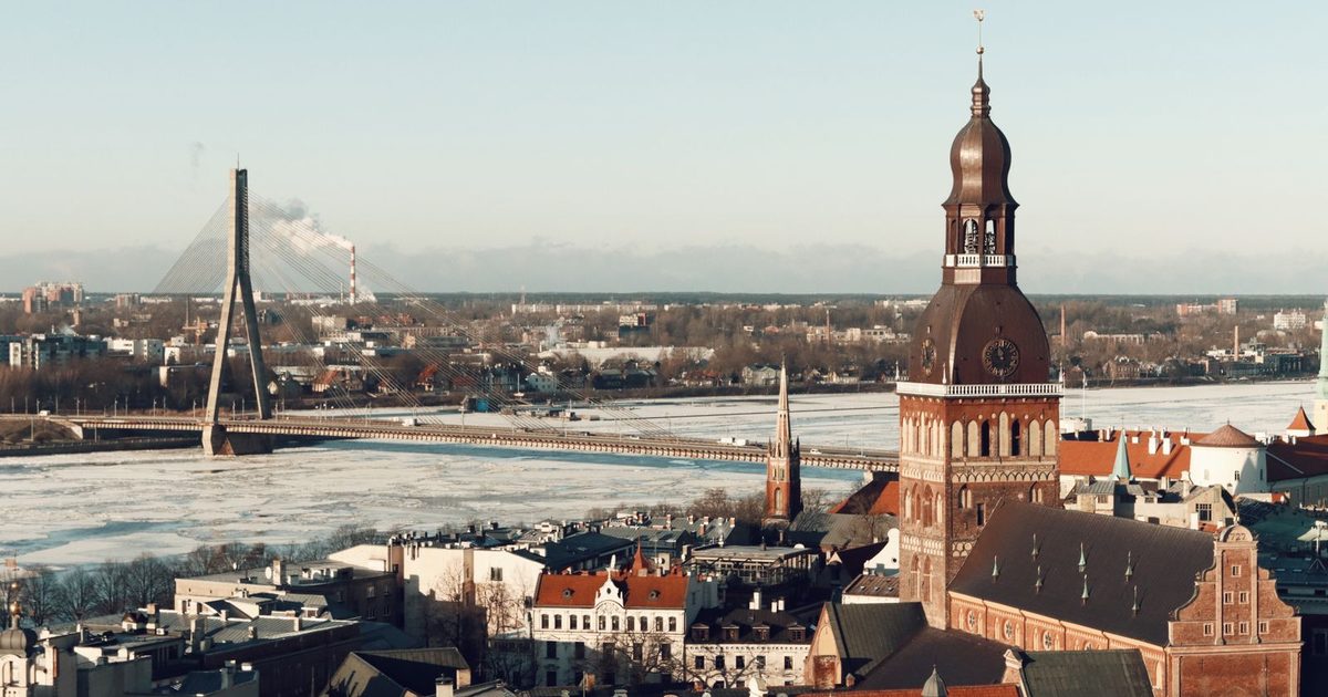 Riga, Latvia, from above in winter, with its bridge and cathedral